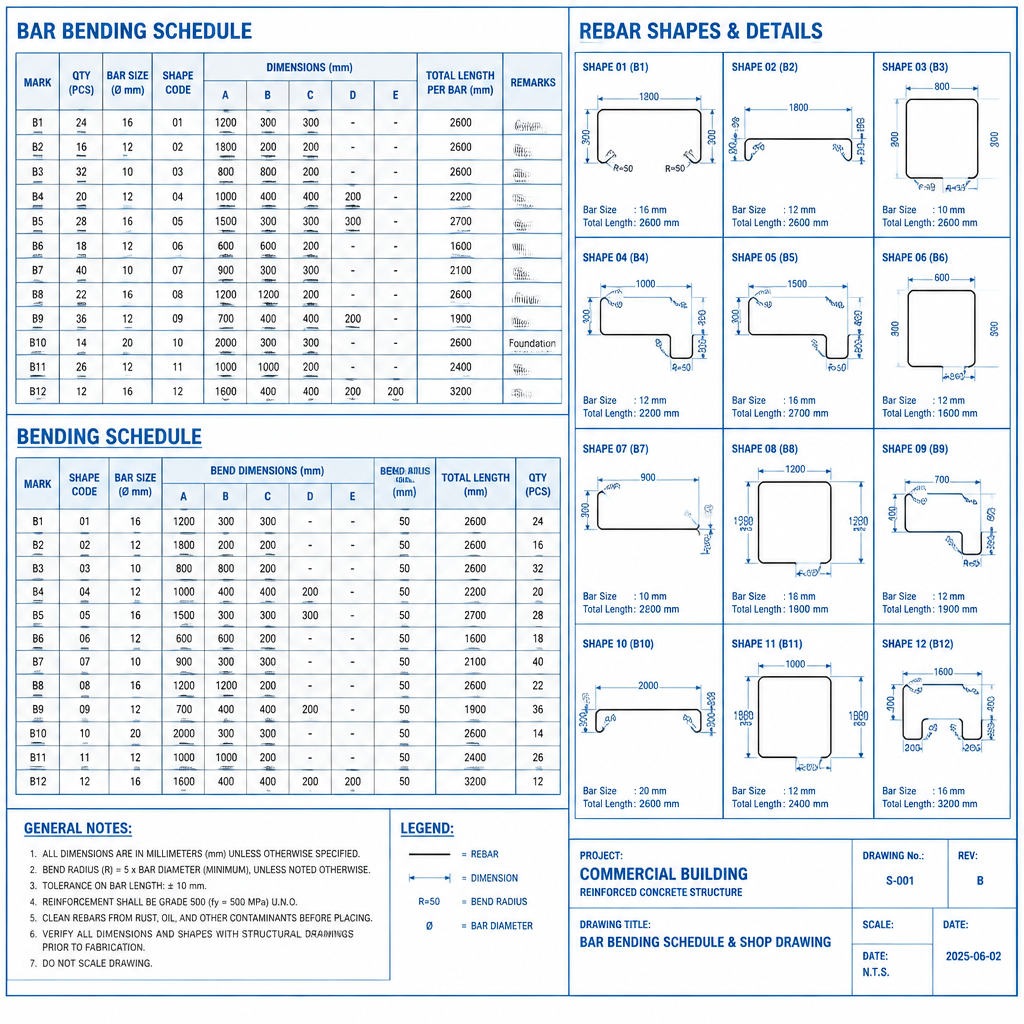 Bar bending schedule and shop drawing sheet