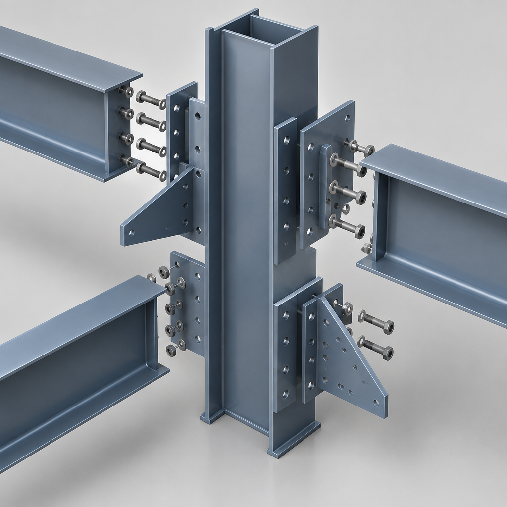 Tekla 3D model of a bolted structural steel connection